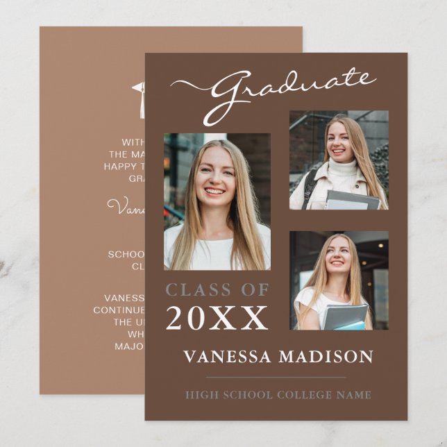 3 photo Modern Script Earth Tones Graduation Announcement (Front/Back)