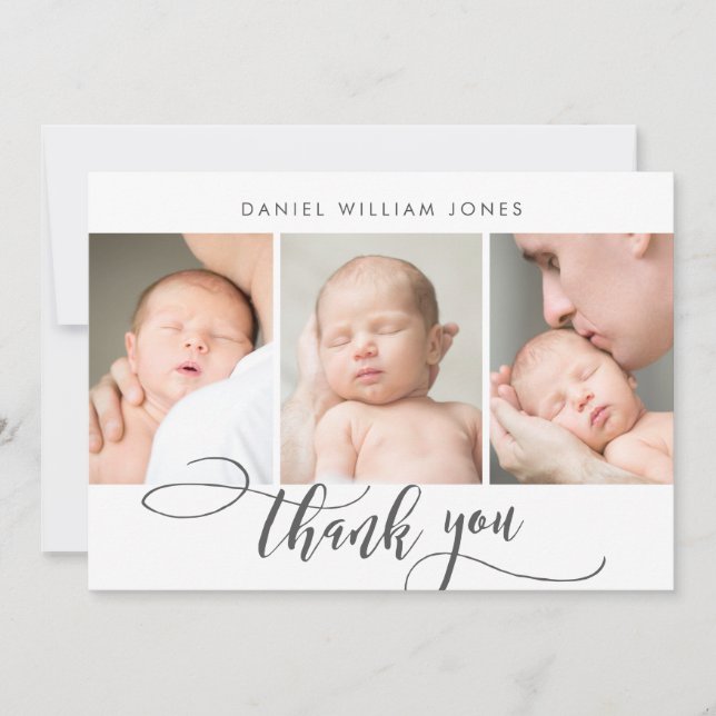 3 Photo Modern Script Newborn Baby Thank You Card (Front)