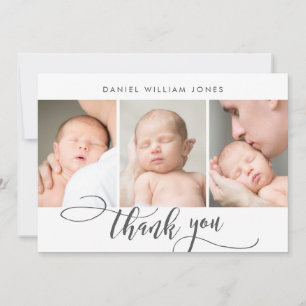 3 Photo Modern Script Newborn Baby Thank You Card