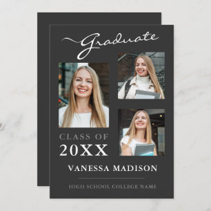 3 photo Modern Script Platinum Grey Graduation Announcement
