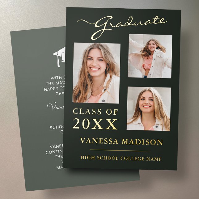 3 Photo Modern Script Sage Green Grad Announcement (Creator Uploaded)