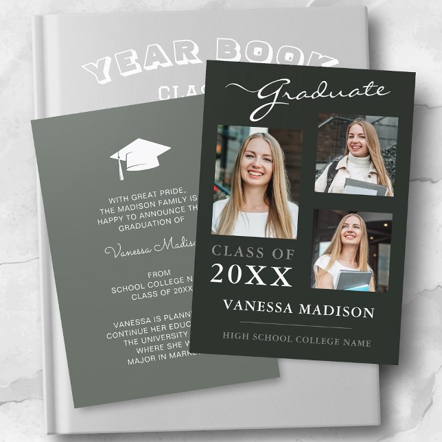 3 photo Modern Script Sage Green Graduation Announcement (Creator Uploaded)