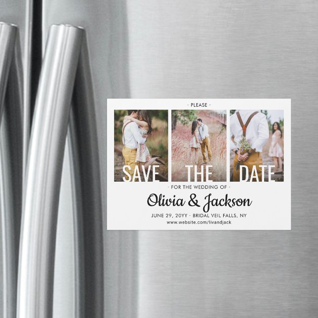 3 Photo Modern Typography Wedding Save the Date Magnetic Invitation (Creator Uploaded)