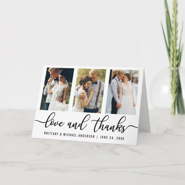 3 Photo Modern Wedding Love and Thanks Fold Thank You Card (Front)