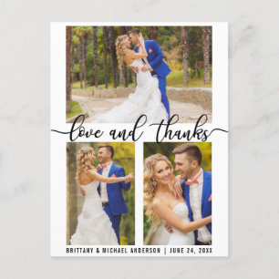 3 Photo Modern Wedding Love and Thanks Script Postcard