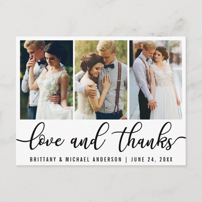 3 Photo Modern Wedding Love Thanks Black Script Postcard (Front)