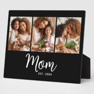 3 Photo Mom Established Date White Script on Black Plaque