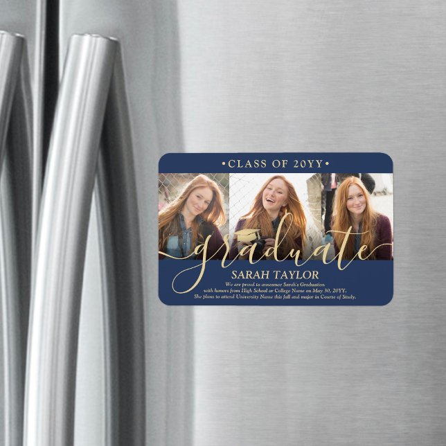 3 Photo Navy Blue and Gold Graduation Announcement Magnet (Creator Uploaded)