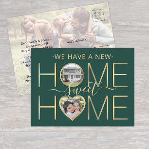 3 Photo New Home Sweet Home Modern Green and Gold Announcement Postcard