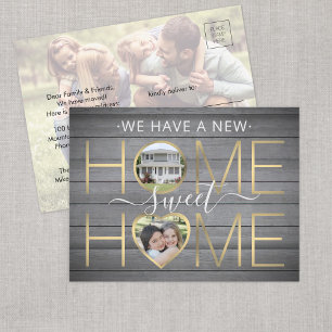 3 Photo New Home Sweet Home Rustic Faux Wood Gold Announcement Postcard