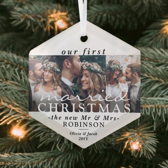 3 Photo Our First Married Christmas Modern Hexagon Glass Tree Decoration (Creator Uploaded)