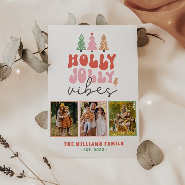 3 Photo Pastel Colours Groovy Retro Christmas Holiday Card (Creator Uploaded)