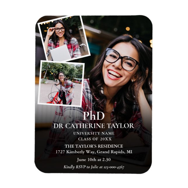 3 Photo PhD Degree Graduation Party Invitation Mag Magnet (Vertical)