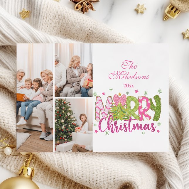 3 Photo Pink Green Bow Tree Merry Christmas Holiday Card (Creator Uploaded)