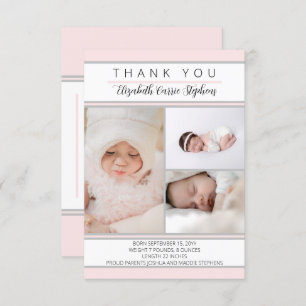 3 Photo Pink White Baby Shower  Birth Announcement