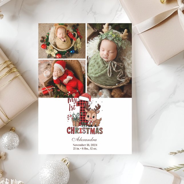 3 Photo Plaid Reindeer First Christmas Holiday Card (Creator Uploaded)