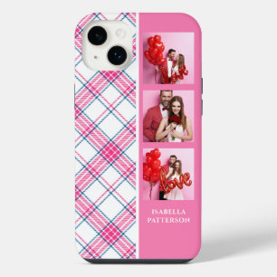 3 Photo Preppy Pink Plaid Modern Girly Custom Name iPhone 14 Plus Case