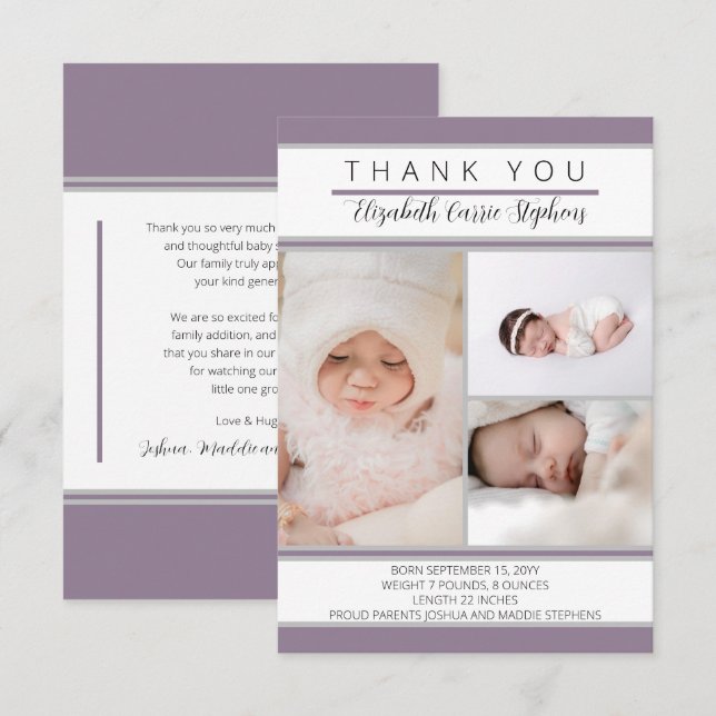 3 Photo Purple Baby Shower |Birth Announcemen Thank You Card (Front/Back)