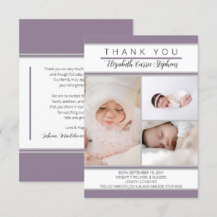 3 Photo Purple Baby Shower  Birth Announcemen Thank You Card