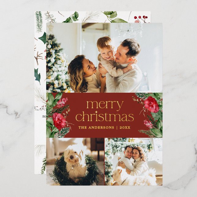 3 Photo Red Botanical Foliage Merry Christmas Foil Holiday Card (Front/Back)