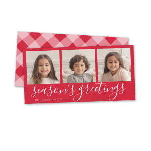 3 Photo - Red Calligraphy Plaid Seasons Greeting Holiday Card