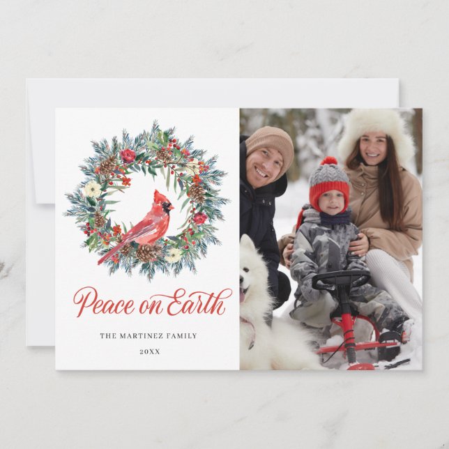 3 PHOTO Red Cardinal Christmas Wreath Holiday Card (Front)