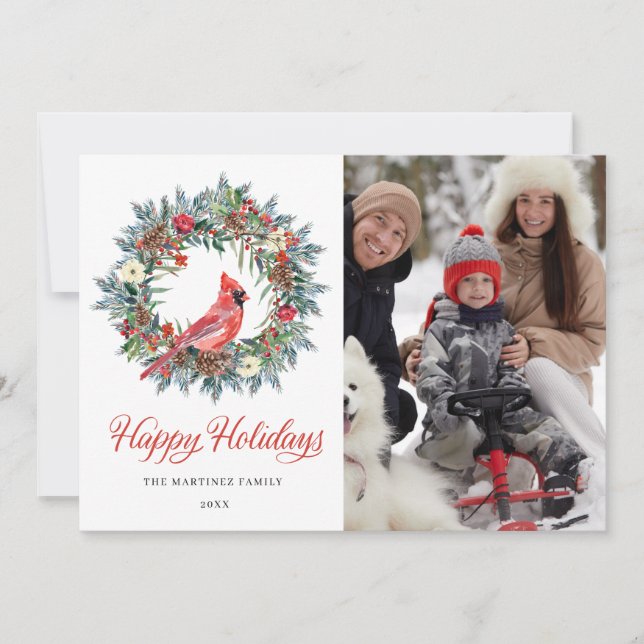 3 PHOTO Red Cardinal Christmas Wreath Holiday Card (Front)