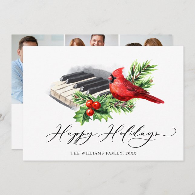 3 PHOTO Red Cardinal Holly Berry Christmas Holiday Card (Front/Back)