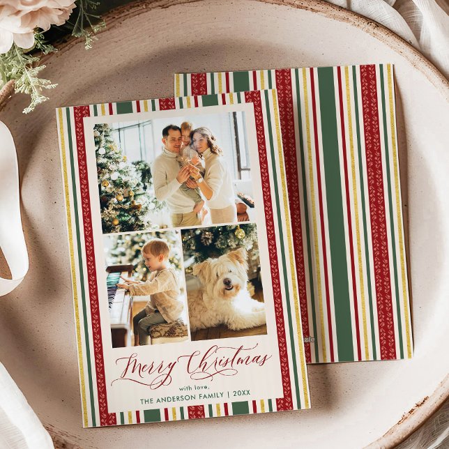 3 Photo Red Green Stripes Vintage Christmas Card (Creator Uploaded)