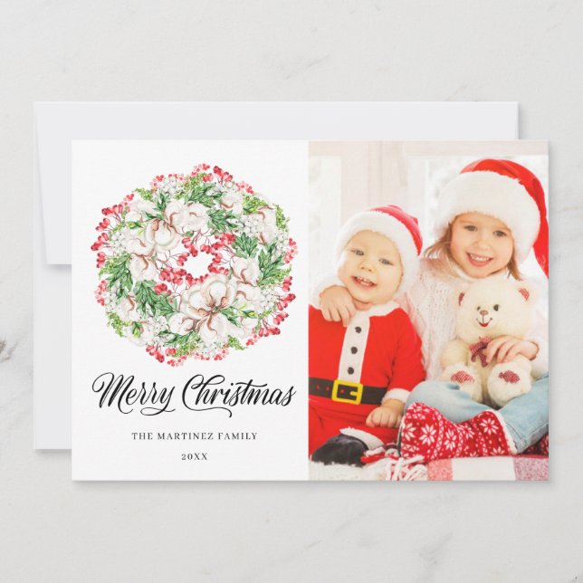 3 PHOTO Red White Green Christmas Wreath Holiday Card (Front)
