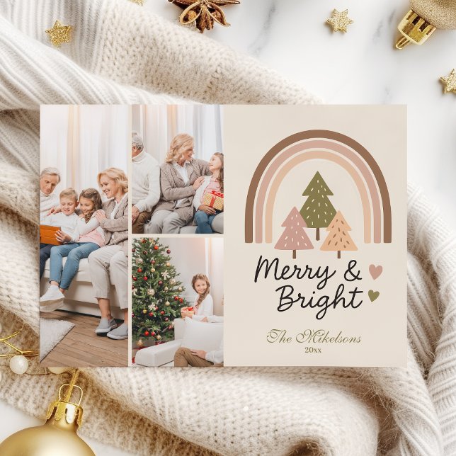 3 Photo Retro Neutral Rainbow Merry & Bright  Holiday Card (Creator Uploaded)