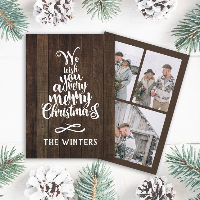 3 Photo Rusitc Wood Christmas Tree Lettering Photo Holiday Card (Creator Uploaded)