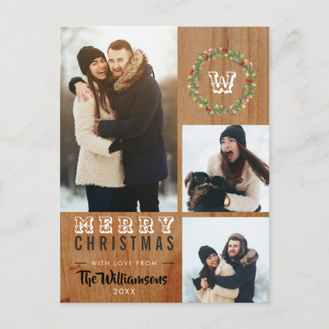 3 Photo Rustic Wood Christmas Holiday Greeting (Front)