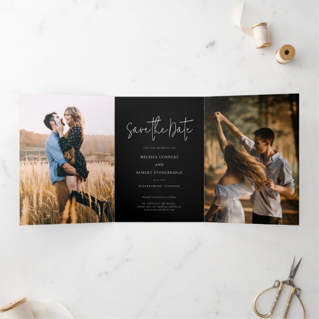 3 Photo Script Wedding Save The Date Tri-Fold Announcement (Inside)