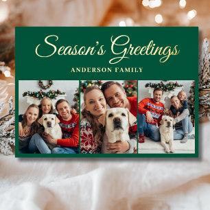  3 Photo Season's Greetings Christmas Gold  Foil Holiday Card