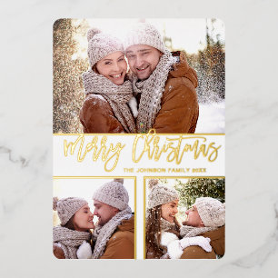 3 PHOTO Simply Elegant Sparkle Christmas Gold Foil Holiday Card