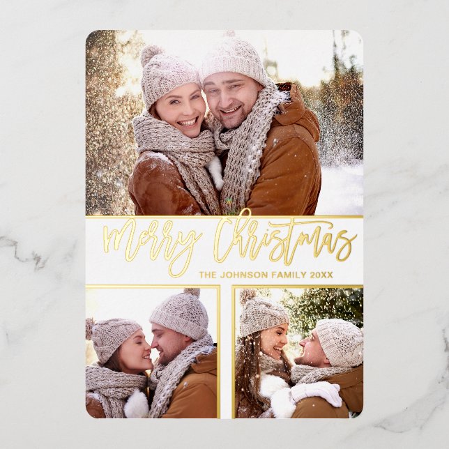 3 PHOTO Simply Elegant Sparkle Christmas Gold Foil Holiday Card (Front)