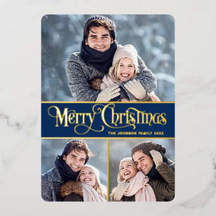 3 PHOTO Simply Elegant Sparkle Christmas Gold Foil Holiday Card