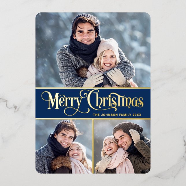3 PHOTO Simply Elegant Sparkle Christmas Gold Foil Holiday Card (Front)