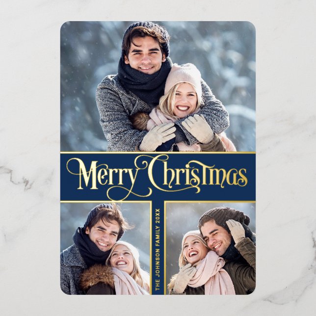 3 PHOTO Simply Elegant Sparkle Christmas Gold Foil Holiday Card (Front)