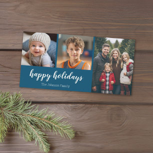 3 Photo - Simply Navy Blue Holly - Happy Holiday Card