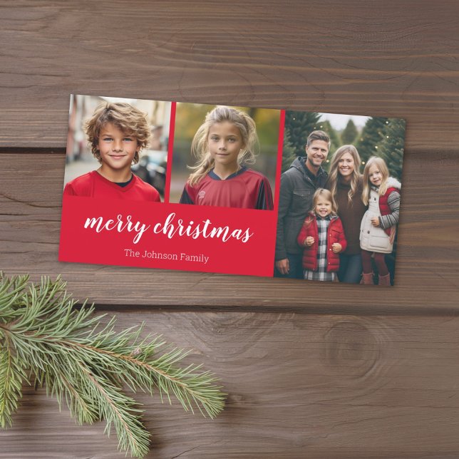 3 Photo - Simply Red Holly - Merry Christmas Holiday Card (Add 3 photos to this online Christmas Card. Minimal and simple to use the template.)