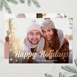 3 PHOTO Sparkle Christmas Greeting Rose Gold Foil Holiday Card