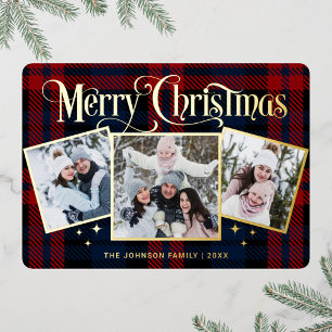 3 PHOTO Sparkle Merry Christmas Gold Foil Holiday Card