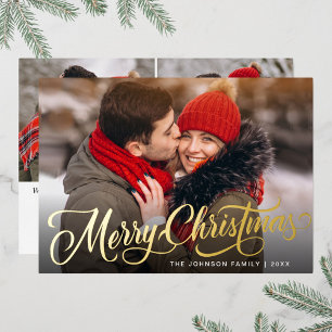 3 PHOTO Sparkle Merry Christmas Greeting Gold Foil Holiday Card