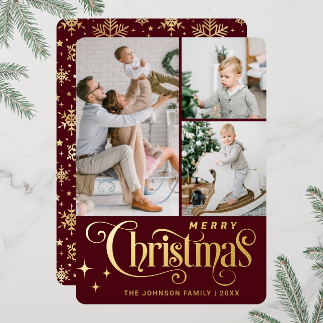 3 PHOTO Sparkle Merry Christmas Greeting Gold Foil Holiday Card (Real foil print Christmas holiday greeting card.)