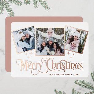 3 PHOTO Sparkle Merry Christmas Greeting Gold Foil Holiday Card