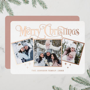 3 PHOTO Sparkle Merry Christmas Greeting Gold Foil Holiday Card