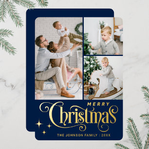 3 PHOTO Sparkle Merry Christmas Greeting Gold Foil Holiday Card
