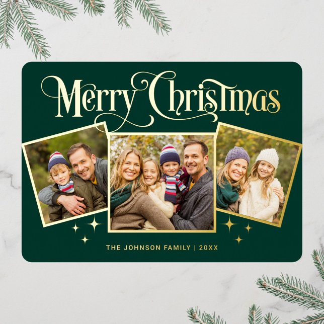 3 PHOTO Sparkle Merry Christmas Greeting Gold Foil Holiday Card (Creator Uploaded)